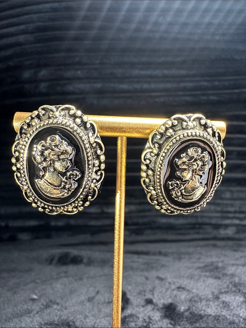 Trifari Black and Silver Cameo Oval Stud Earrings